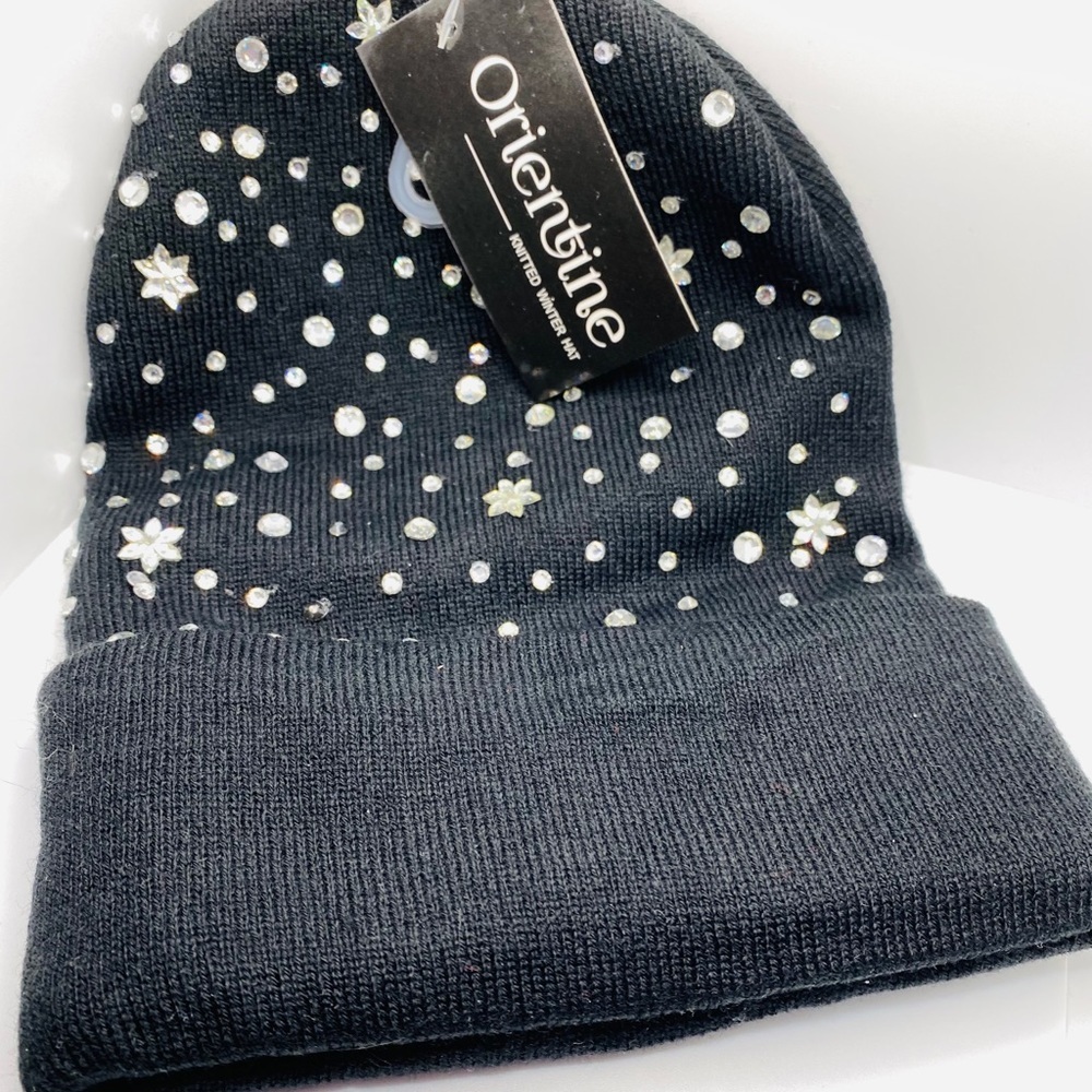 NWT Knitted hat black with Rhinestones! Adult size!
